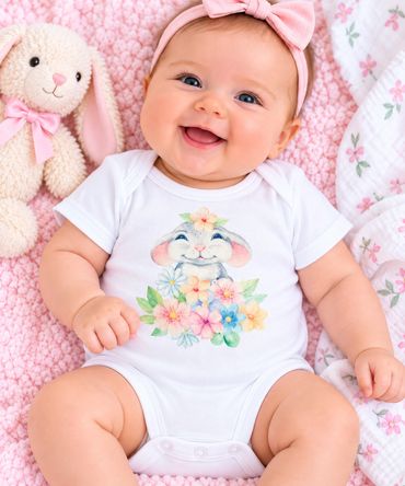 Smiling baby in a white onesie with bunny and flowers print.
