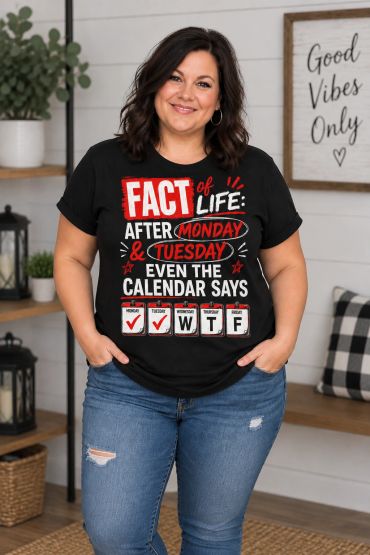 Woman smiling wearing a humorous black t-shirt about weekdays.