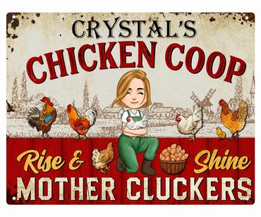 Vintage sign for Crystal's Chicken Coop with chickens and eggs.