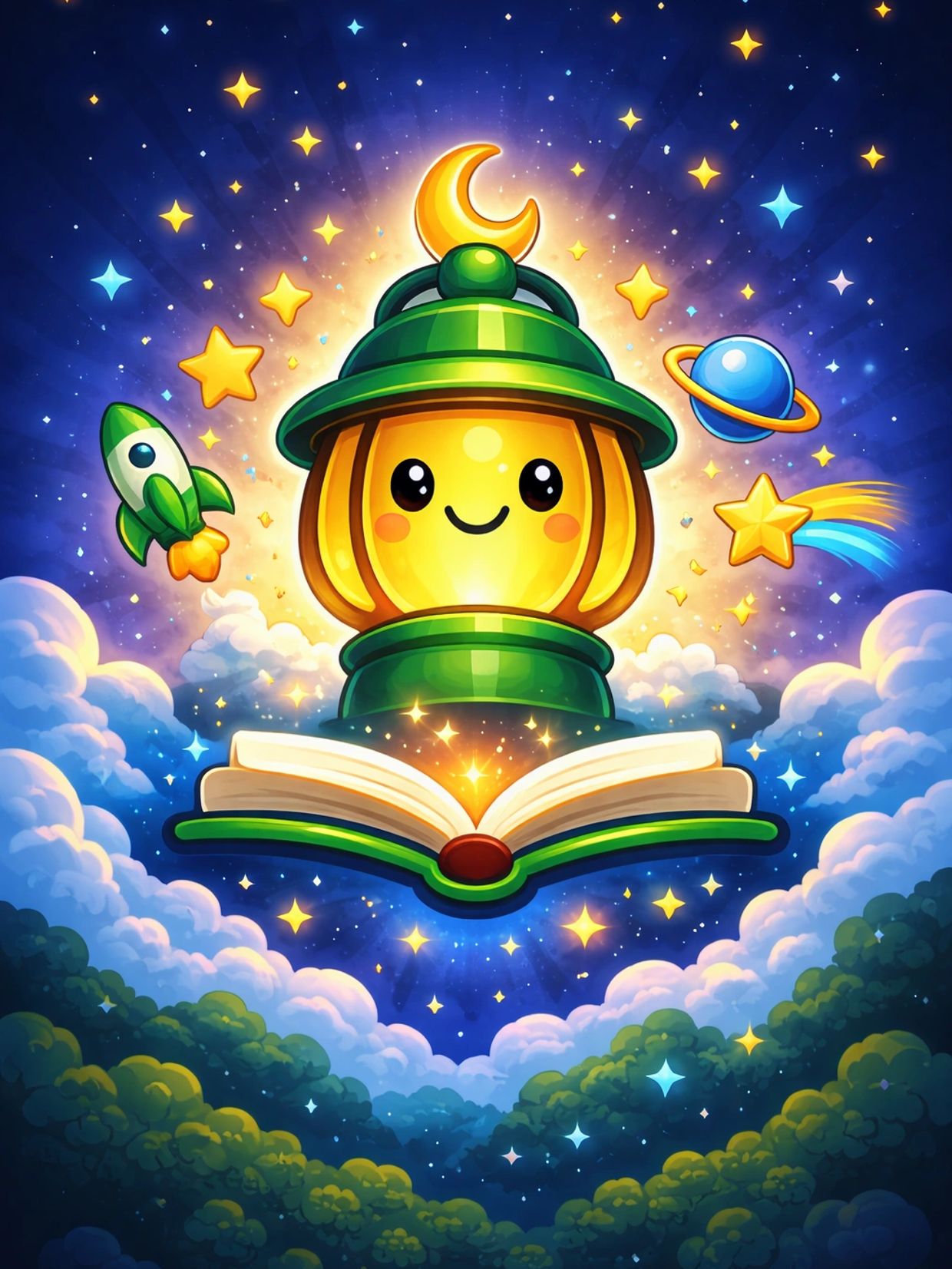 A cheerful lantern with a crescent moon hat shines above an open magical book in a starry sky.