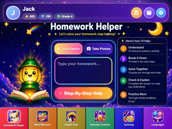 Homework Helper app interface with colorful, kid-friendly design and multiple features.