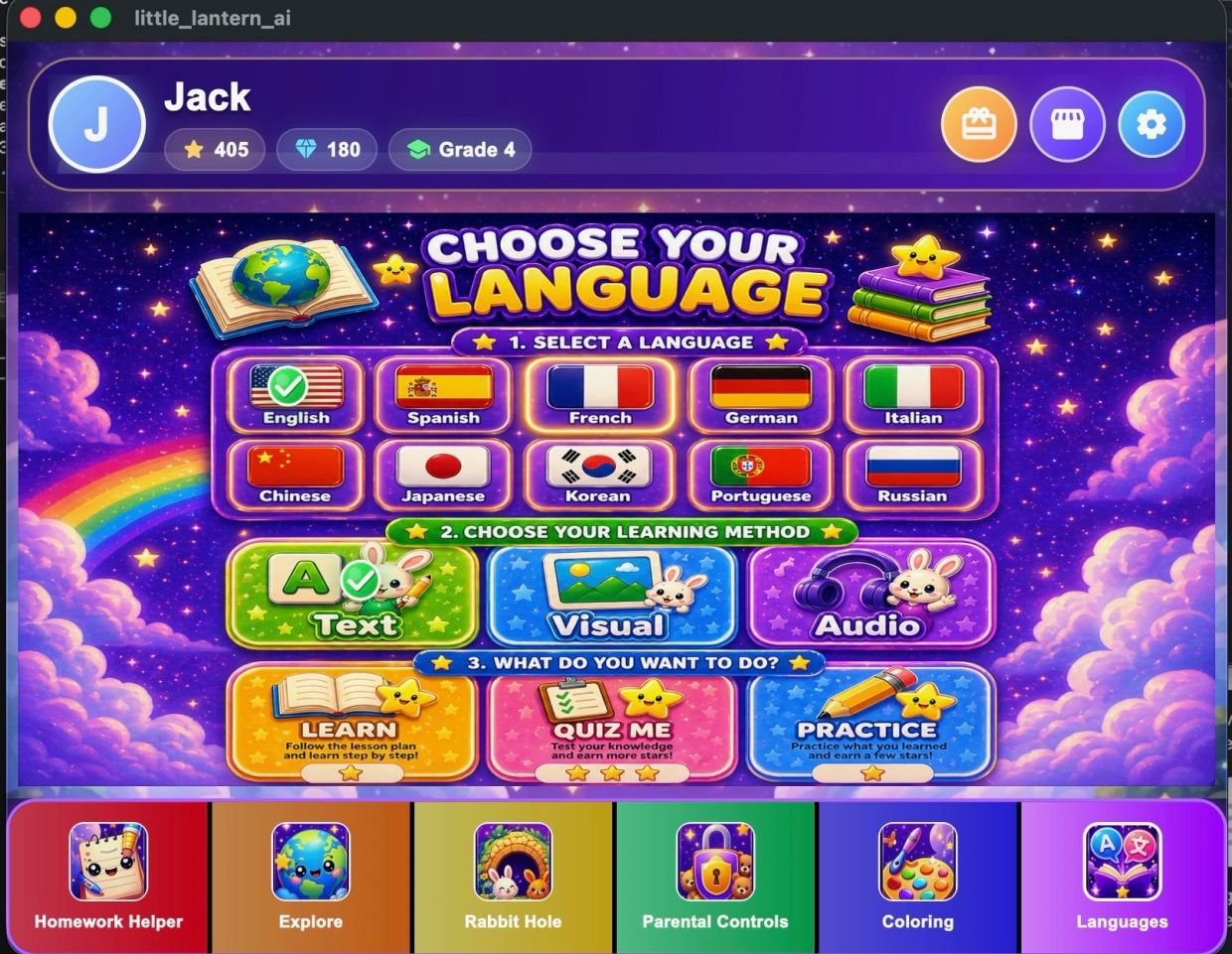 Kid-friendly language learning app interface with colorful options and playful design.