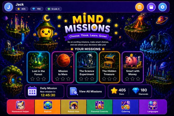 Bright and colorful educational game interface with various mission options.
