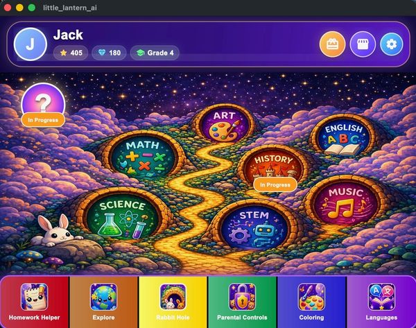 Colorful educational game menu with subjects and progress for a Grade 4 student.