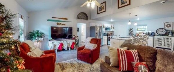 Lake Fork Waterfront Home Cozy Living Room Decorated for Christmas. 