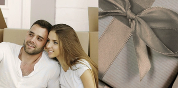 A happy couple relaxing amidst moving boxes, paired with a close-up of a gift wrapped in silver paper and ribbon.