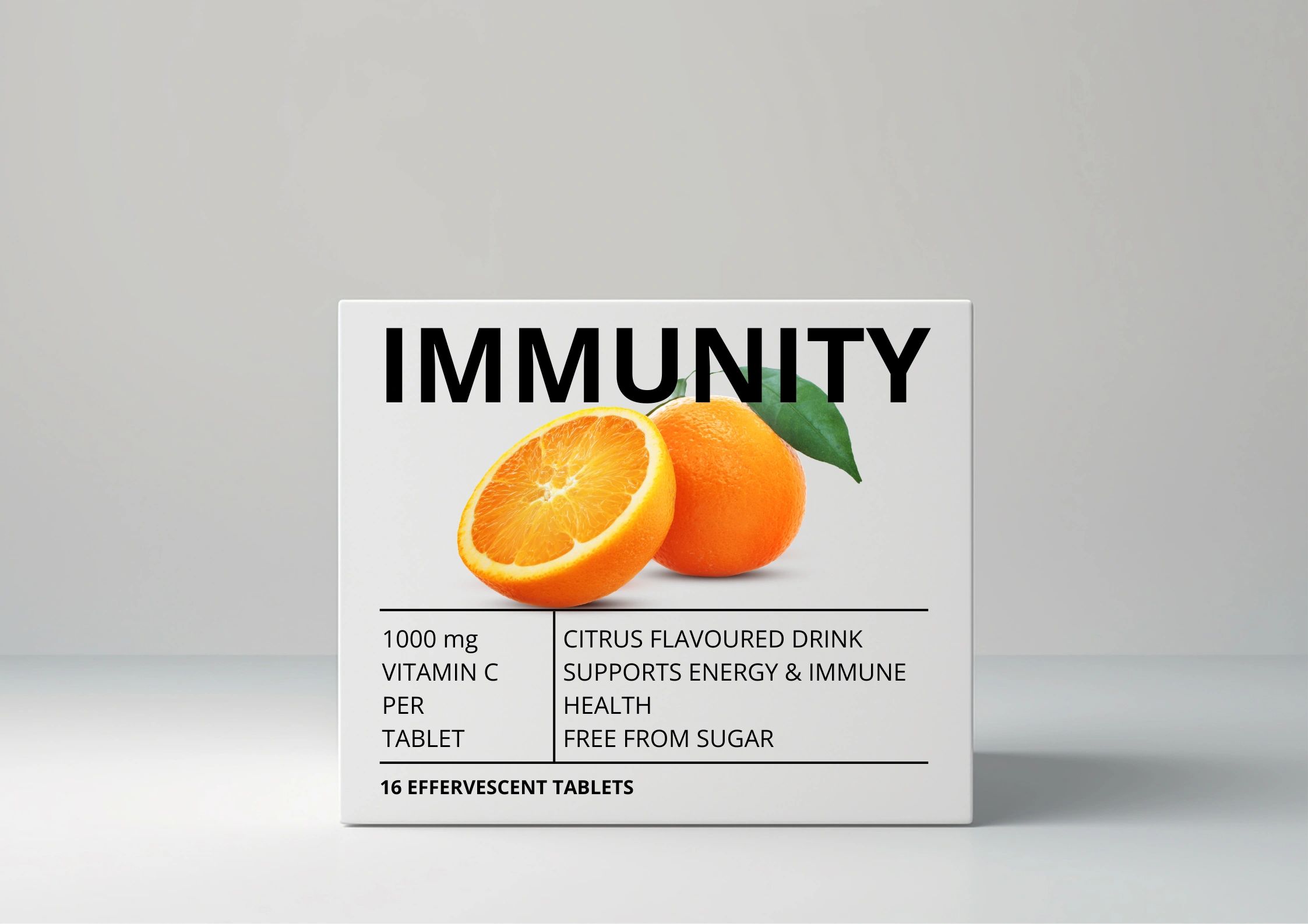 Box of immunity-boosting vitamin C tablets with orange illustration.
