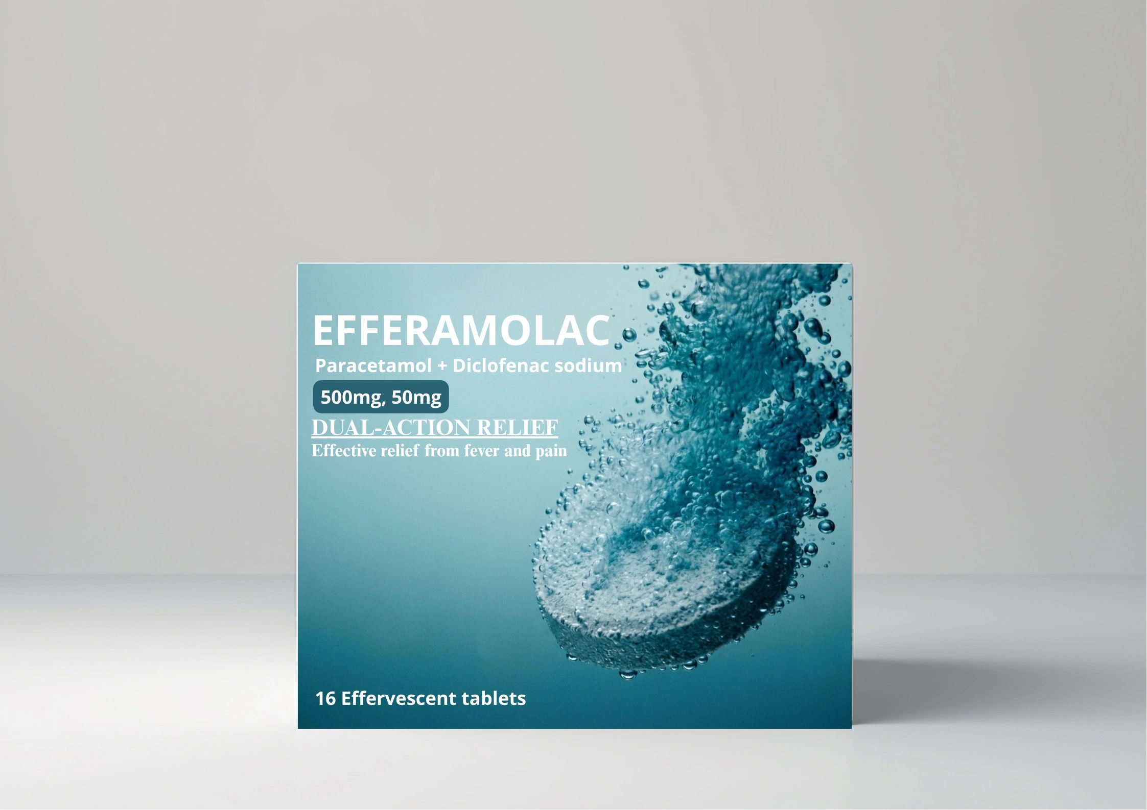 Box of Efferamolac effervescent tablets for fever and pain relief.