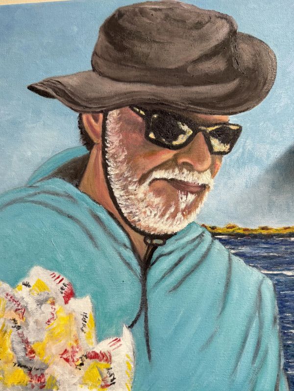 Painting of an elderly man wearing sunglasses and a hat.