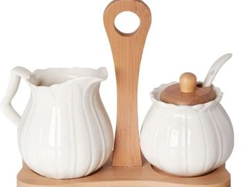 Deborah Carlucci Ceramic Wedding Favors - White Porcelain Sugar and Creamer Set with Bamboo Tray #DC