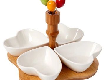 Debora Carlucci Ceramic Wedding Favors - 4 Section White Porcelain and Bamboo Base Serving Dish #DC4