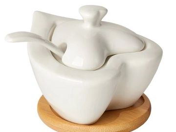 Debora Carlucci Ceramic Wedding Favors - White Heart Shaped Sugar Holder On Wood Base #DC4560
