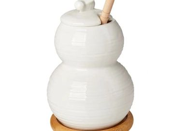 Debora Carlucci Ceramic Wedding Favors - White Porcelain Honey Jar and Dripper On a Bamboo Base DC45