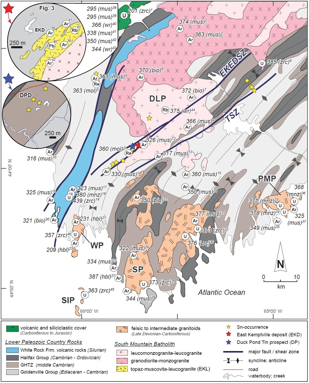 Figure 3–2. Regional geology of SW Nova Scotia, Canada (modified after White, 2010a), displaying the
