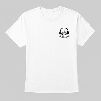 White t-shirt with a small Airline Radio Show logo on the chest pocket area.