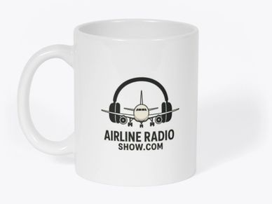 White mug with an airplane and headphones logo for Airline Radio Show.