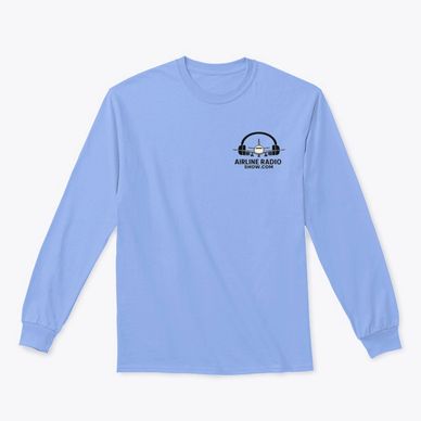 Light blue long-sleeve shirt with Airline Radio Show logo on chest.