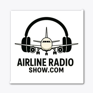 Logo of Airline Radio Show with airplane wearing headphones.