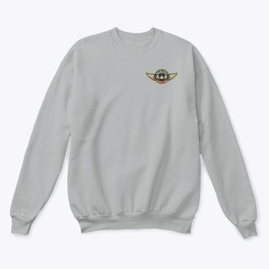 Light grey sweatshirt with a small aviation-themed emblem on the chest.