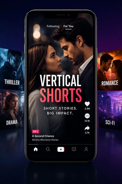 A mobile screen shows Vertical Shorts app with romance and drama genres.
