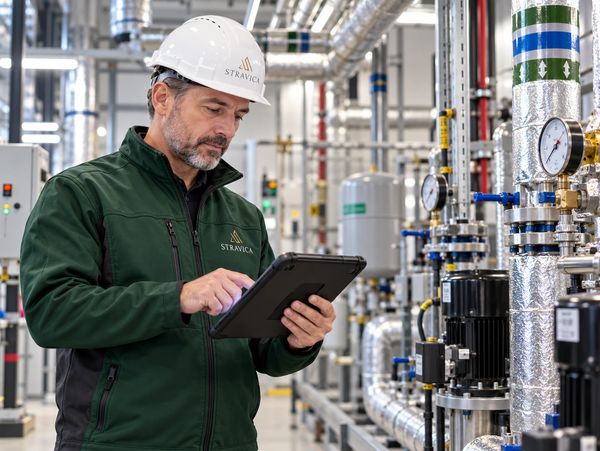 Engineer inspecting industrial equipment using a tablet.