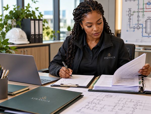 Engineer reviewing documents at a desk in an office.