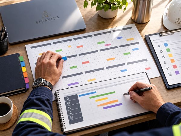 Person planning a schedule with charts and a calendar at a desk.