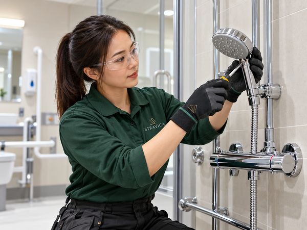 Woman fixing a showerhead with tools and safety glasses.