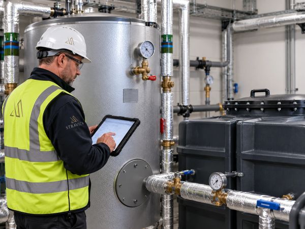 Engineer inspecting equipment with a tablet in an industrial setting.