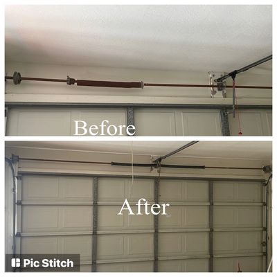 A garage door in Brevard County before and after broken spring repair