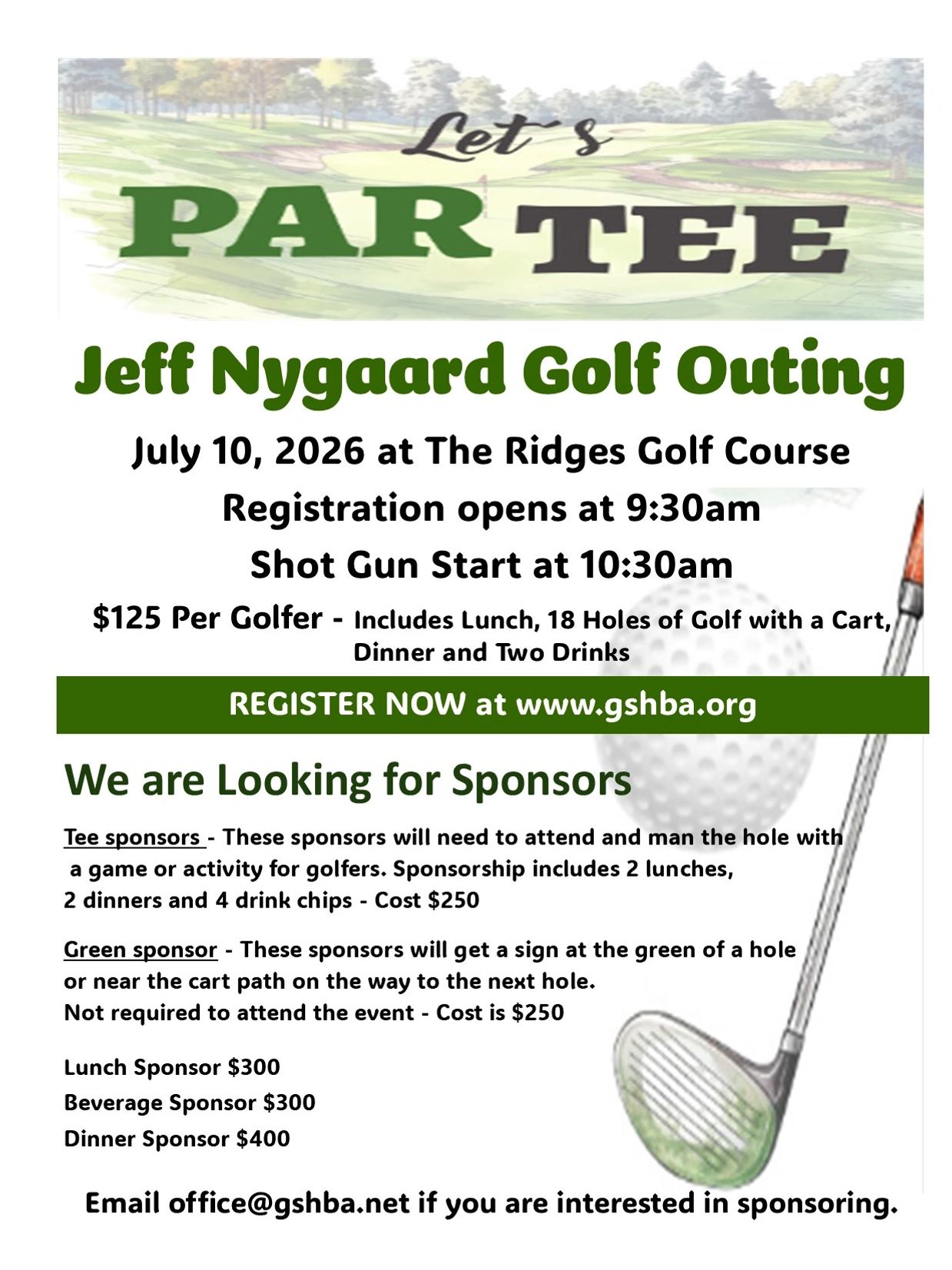 Flyer for Jeff Nygaard Golf Outing on July 10, 2026, at The Ridges Golf Course.