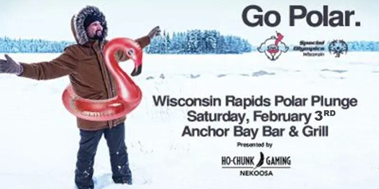 Man in winter gear with a flamingo float promoting Wisconsin Rapids Polar Plunge event.