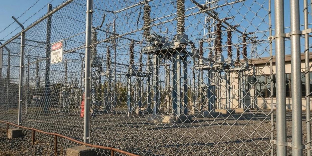 Electrical substation enclosed by a chain-link fence with warning signs.