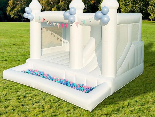 The inflatable bounce house has a slide, ball pit, and more!