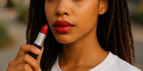 Woman holding red lipstick, showing off bold lips.