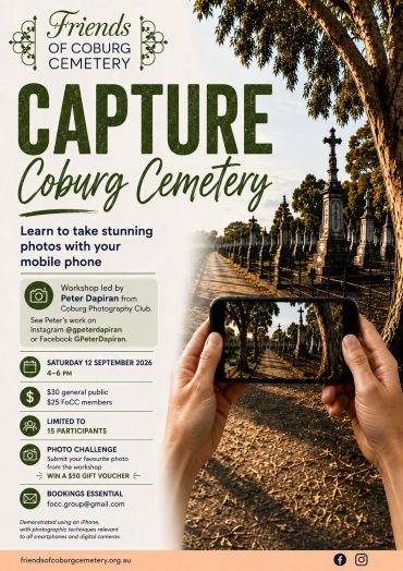 Photography workshop at Coburg Cemetery on September 12, 2026.