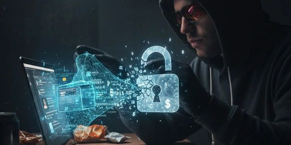 A hacker in a hoodie breaking digital security on a laptop.