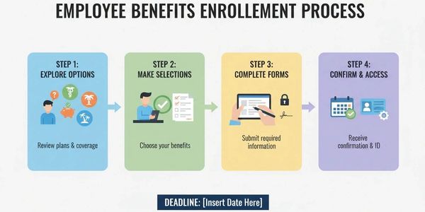 Flowchart of employee benefits enrollment with four clear steps.