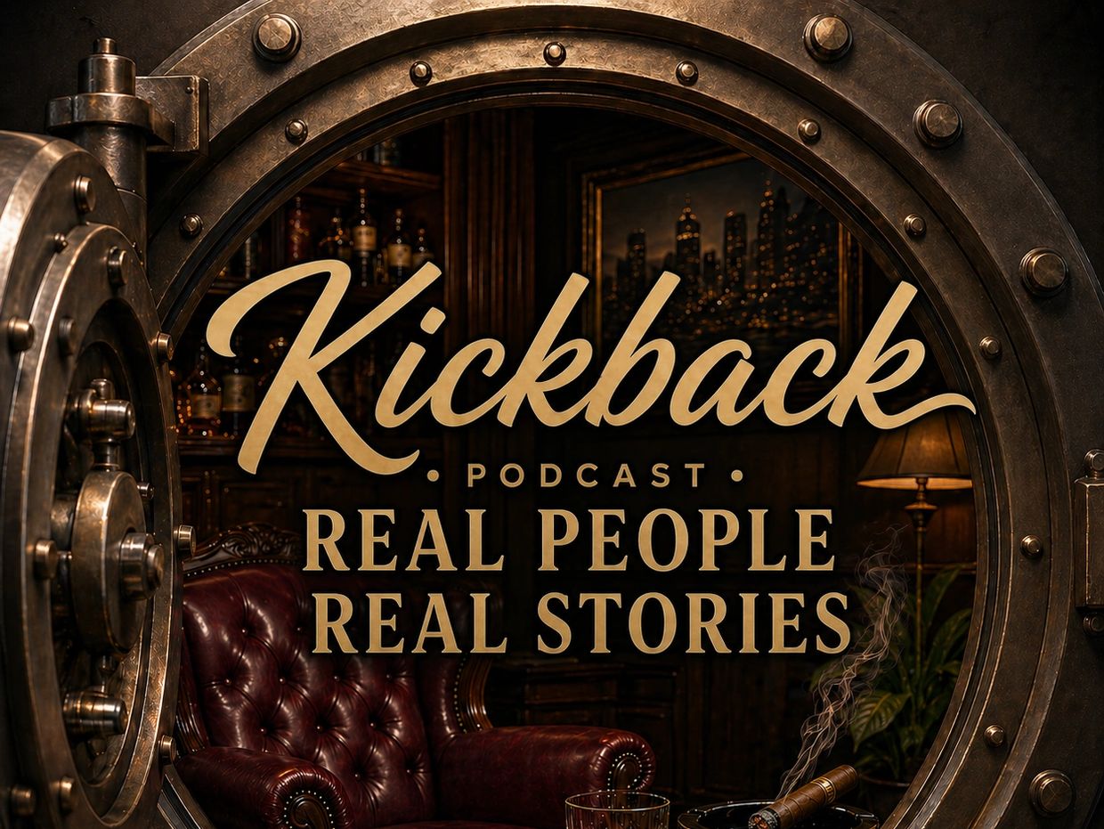 Kickback podcast logo with a cozy, vintage lounge setting.