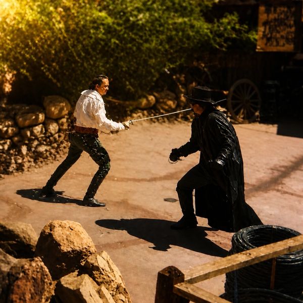 Two men engaged in a dramatic sword fight outdoors.