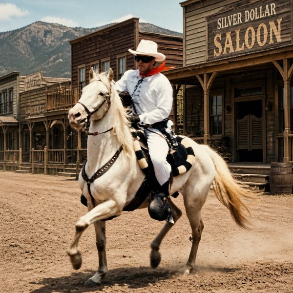 A cowboy rides a white horse in front of the Silver Dollar Saloon in a Western town.