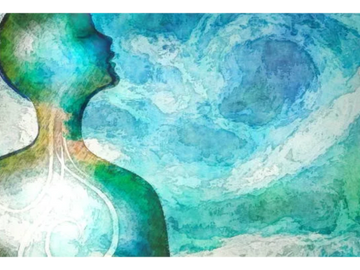 Abstract watercolor of a human figure breathing under a blue sky.