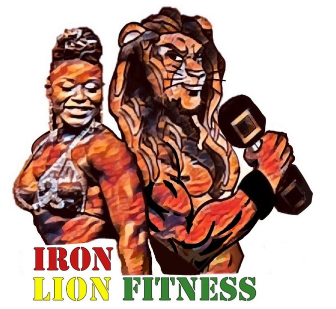 A graphic of the owner of Iron Lion Fitness LLC and a lion curling a dumbbell.