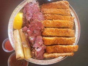 Chicken Katsu Bowl with an add of Smoked Pastrami, Rice, Noodles and Spring Rolls.
