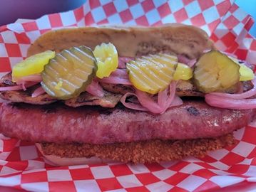 Smokin' Sammich, Smoked Meat Combo.  Layered Crispy Chicken, Smoked Sausage, and Pork Belly.