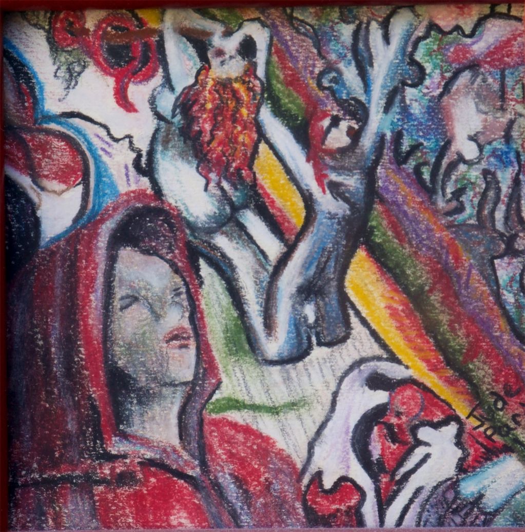 Colorful abstract painting with figures and a hooded person.