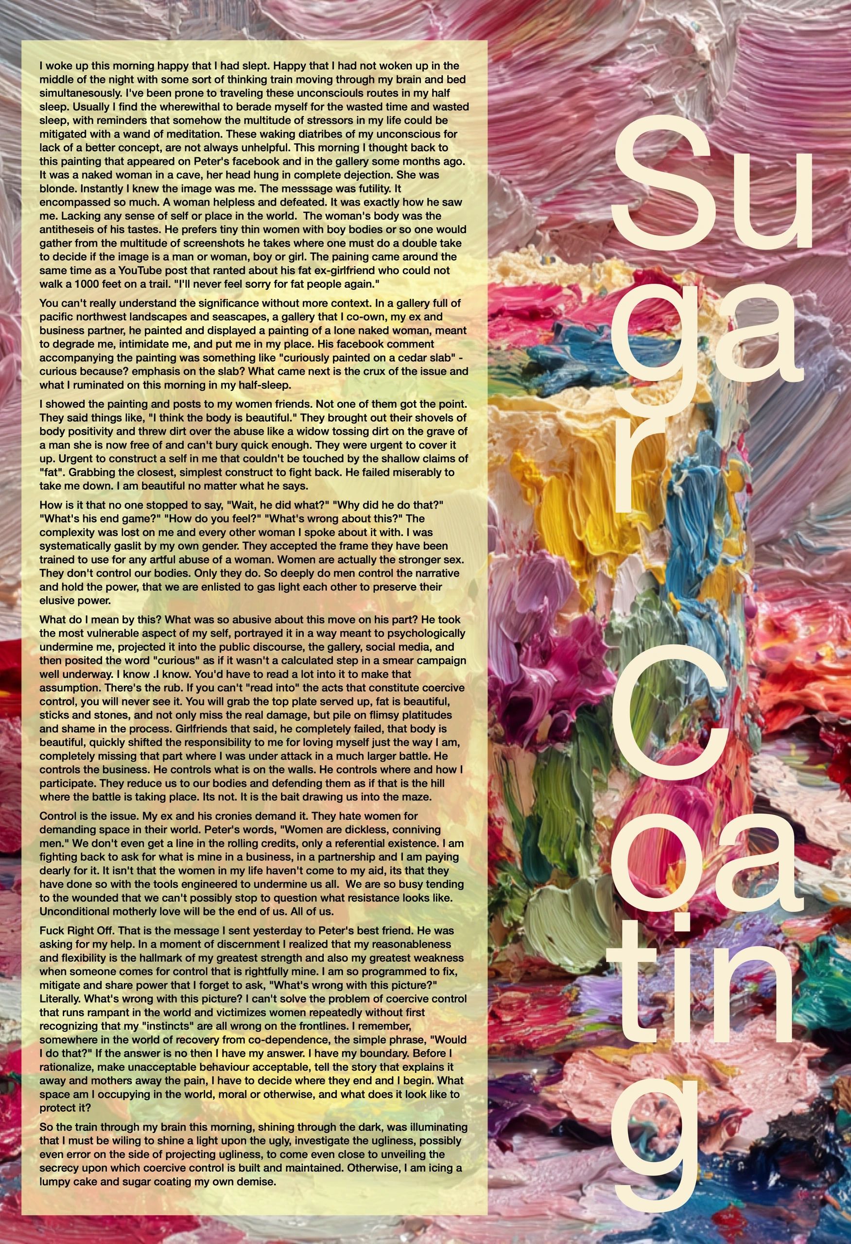 Abstract colorful painting with text overlay reflecting on personal and social issues.