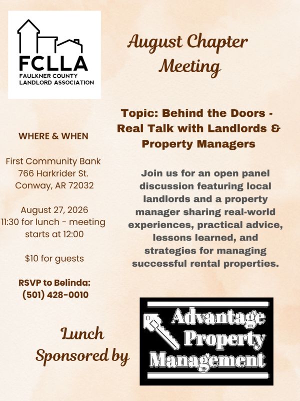 Flyer for Faulkner County Landlord Association August meeting and panel discussion.