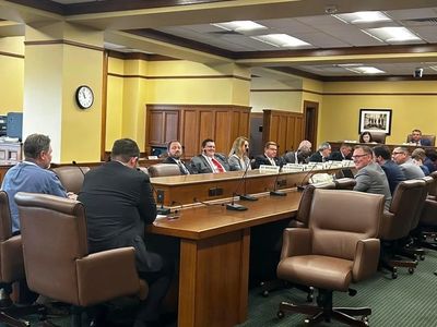 A formal meeting with people seated around a conference table in an official room.