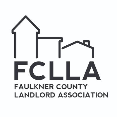 Logo for Faulkner County Landlord Association with building outlines.